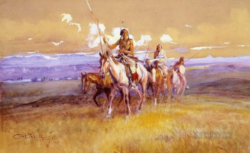 アメリカインディアン Painting - インディアンパーティー 1915年 チャールズ・マリオン・ラッセル アメリカ・インディアン